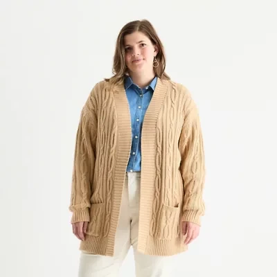 St. John's Bay Plus Womens Long Sleeve Cable Knit Cardigan