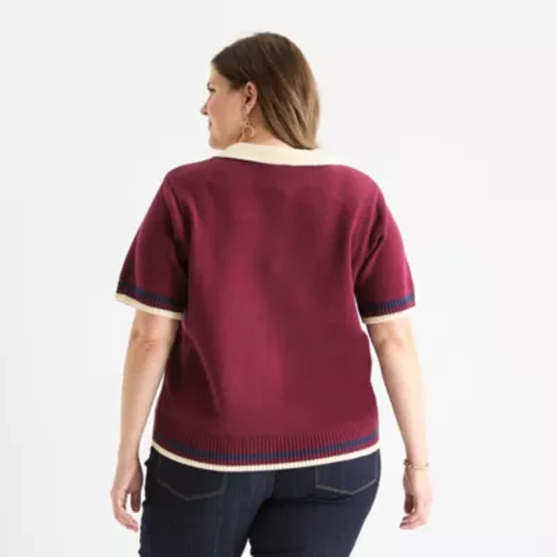 St. John's Bay Plus Womens V Neck Short Sleeve Pullover Sweater