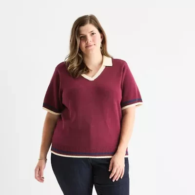 St. John's Bay Plus Womens V Neck Short Sleeve Pullover Sweater