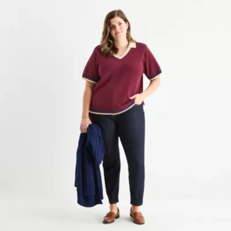 St. John's Bay Plus Womens V Neck Short Sleeve Pullover Sweater