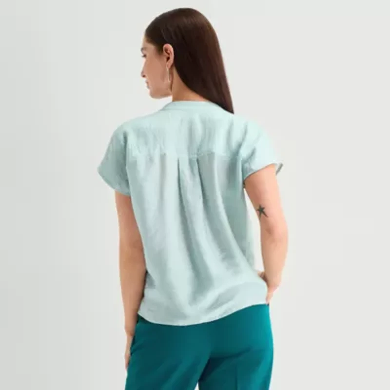 Worthington Womens Henley Neck Short Sleeve Blouse