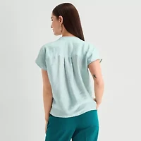 Worthington Womens Henley Neck Short Sleeve Blouse