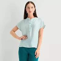 Worthington Womens Henley Neck Short Sleeve Blouse