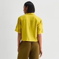 Worthington Womens Drop Shoulder Short Sleeve Regular Fit Button-Down Shirt