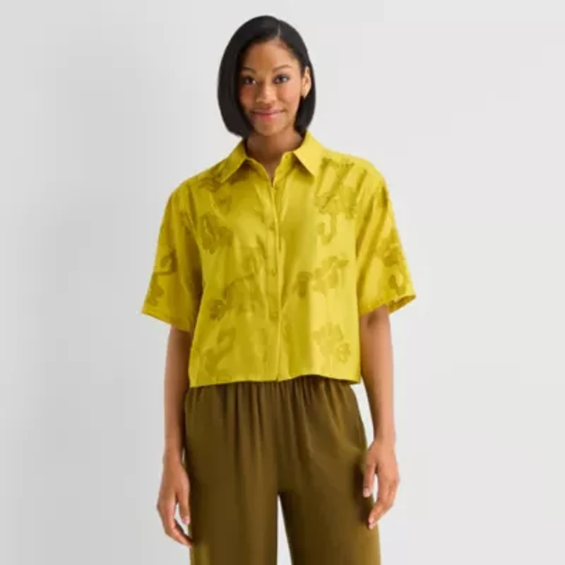 Worthington Womens Drop Shoulder Short Sleeve Regular Fit Button-Down Shirt