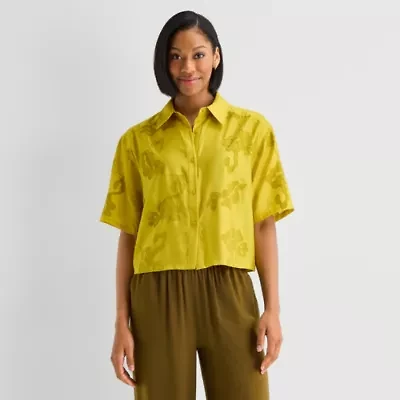 Worthington Womens Drop Shoulder Short Sleeve Regular Fit Button-Down Shirt