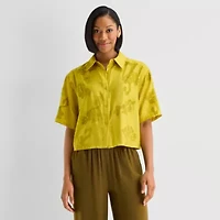 Worthington Womens Drop Shoulder Short Sleeve Regular Fit Button-Down Shirt