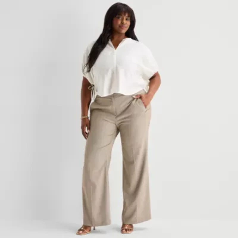 Worthington Womens Split Crew Neck Elbow Sleeve Blouse