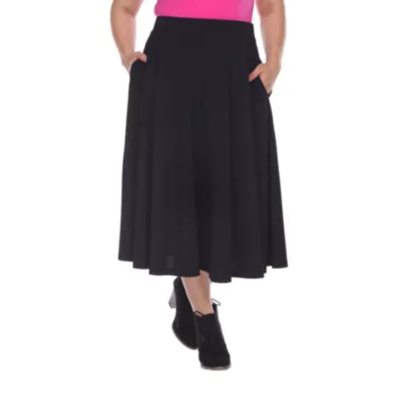 White Mark Tasmin Womens Plus Stretch Fabric Mid Rise Midi Flared Skirt
