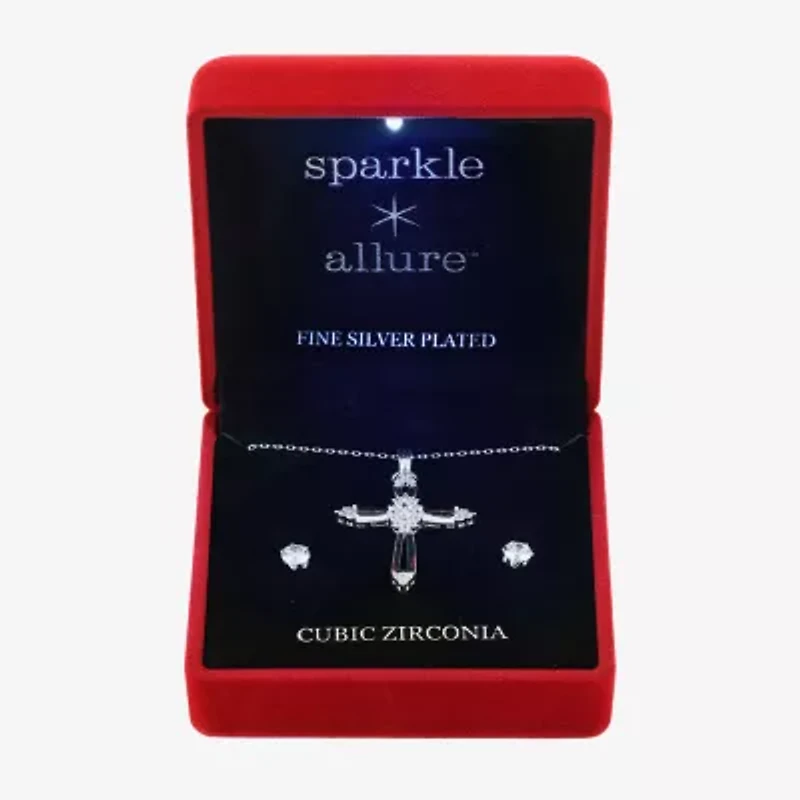 Sparkle Allure Light Up Box Womens Cubic Zirconia Pure Silver Over Brass Cross 2-pc. Jewelry Set