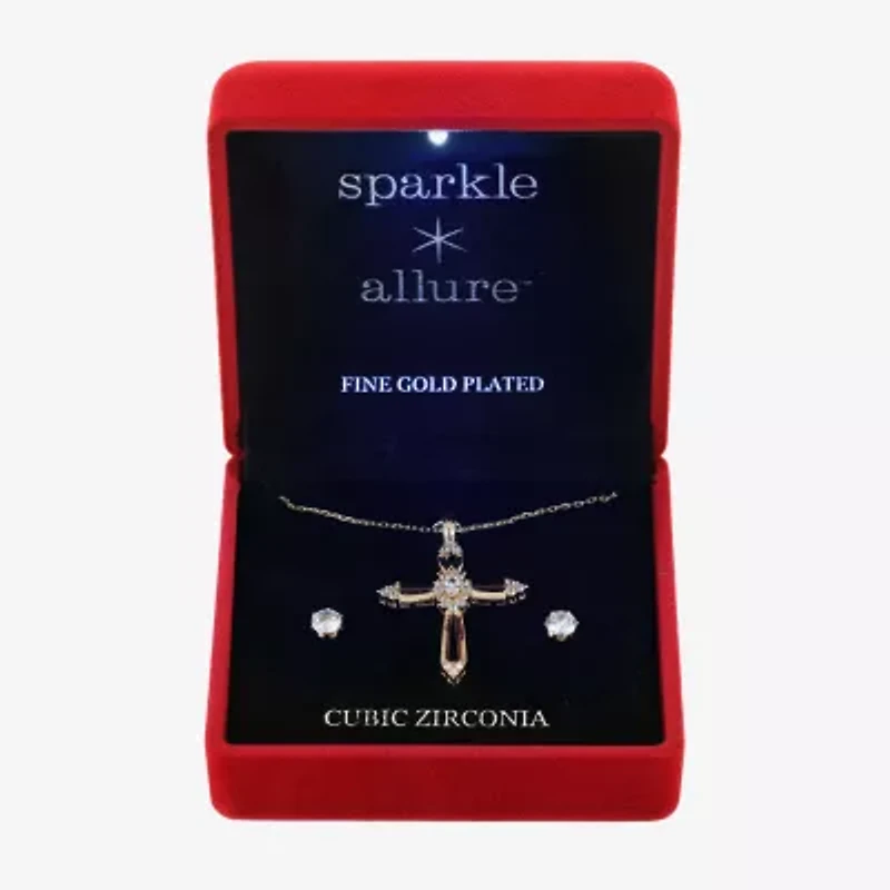 Sparkle Allure Light Up Box Womens Cubic Zirconia 14K Gold Over Brass Cross 2-pc. Jewelry Set