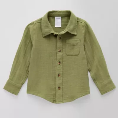Okie Dokie Toddler & Little Boys Crew Neck Long Sleeve Fitted Regular Fit Button-Down Shirt