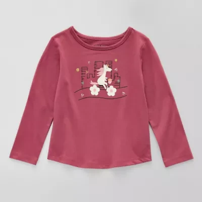 Okie Dokie Toddler & Little Girls Round Neck Long Sleeve Regular Fit Graphic T-Shirt