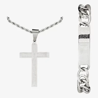 Mens Lord's Prayer 2-pc Stainless Steel Cross Necklace and ID bracelet Jewerly Set