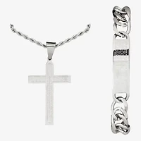 Mens Lord's Prayer 2-pc Stainless Steel Cross Necklace and ID bracelet Jewerly Set