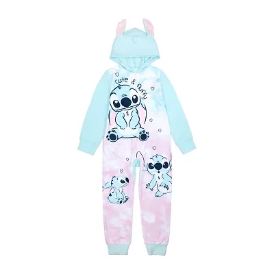 Disney Collection Little & Big Kid Girls Lilo & Stitch Microfleece Hooded Long Sleeve One Piece Pajama