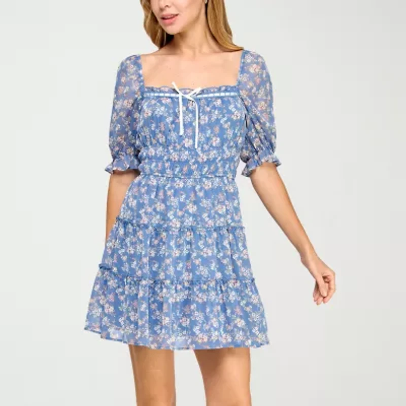 Trixxi Womens Short Sleeve Floral Juniors Fit + Flare Dress