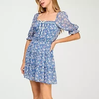 Trixxi Womens Short Sleeve Floral Juniors Fit + Flare Dress