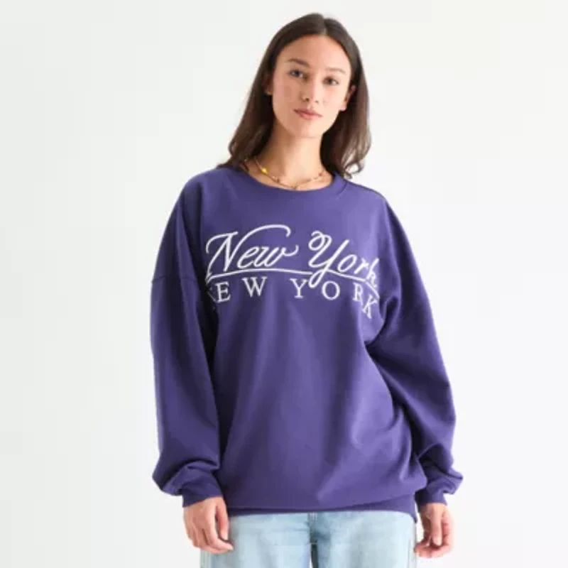 New York Womens Crew Neck Long Sleeve Embroidered Juniors Sweatshirt