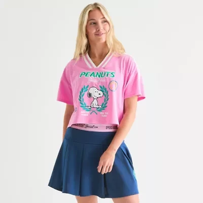 Peanuts 75th Social Club Cropped Tee Womens V Neck Short Sleeve Loose Fit Snoopy Juniors Graphic T-Shirt