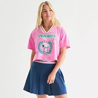 Peanuts 75th Social Club Cropped Tee Womens V Neck Short Sleeve Loose Fit Snoopy Juniors Graphic T-Shirt
