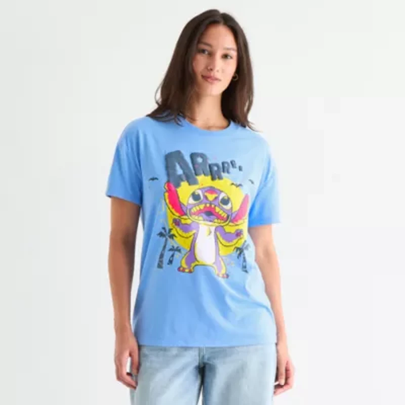 Stitch Scary Boyfriend Tee Womens Crew Neck Short Sleeve Regular Fit Lilo & Juniors Graphic T-Shirt