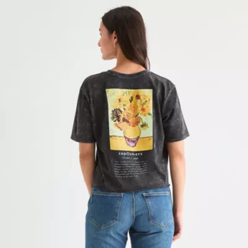 Vincent Van Gogh Sunflowers Cropped Womens Crew Neck Short Sleeve Loose Fit Juniors Graphic T-Shirt
