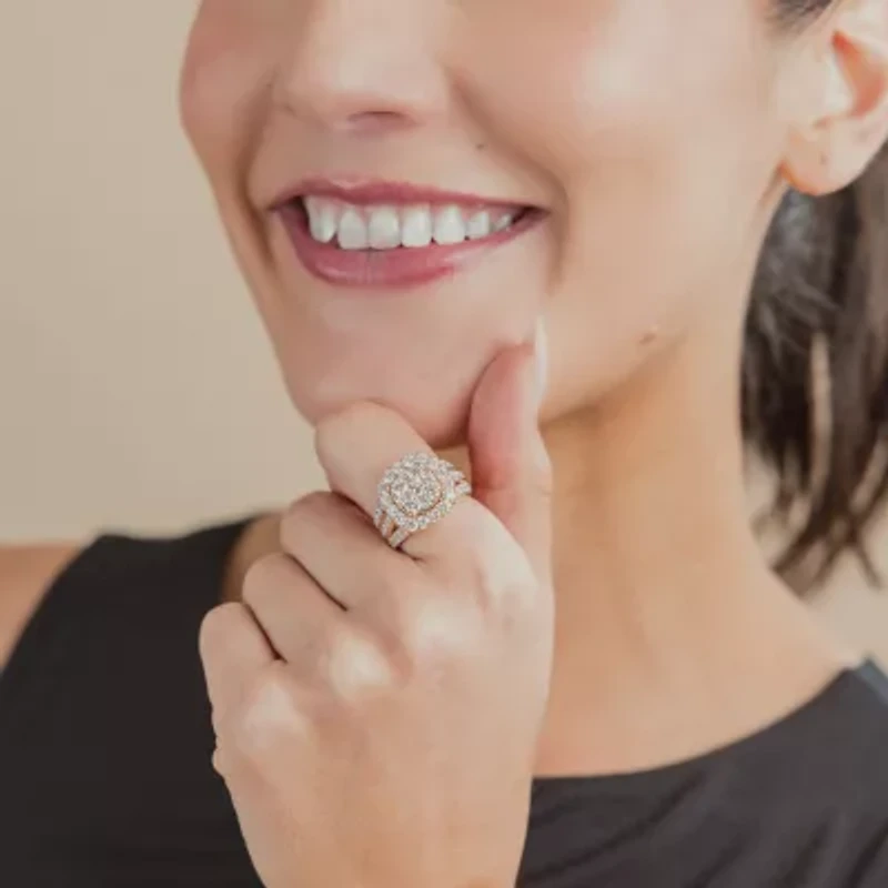 (G/Si2) Womens 4 CT. T.W. Lab Grown White Diamond 10K Gold Cushion Halo Side Stone Cocktail Ring