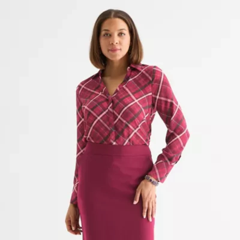 Liz Claiborne Womens Long Sleeve Fitted Regular Fit Button-Down Shirt