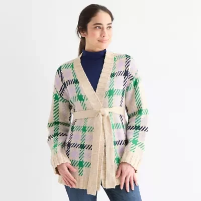 St. John's Bay Womens Long Sleeve Argyle Cardigan