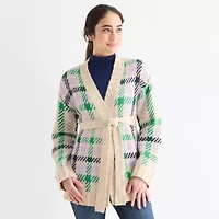 St. John's Bay Womens Long Sleeve Argyle Cardigan