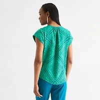 Liz Claiborne Womens Crew Neck Short Sleeve Satin Blouse