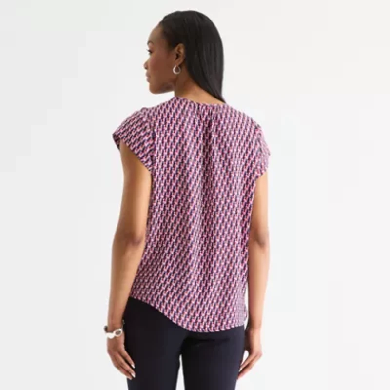 Liz Claiborne Womens Crew Neck Short Sleeve Satin Blouse