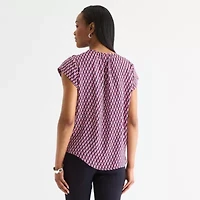 Liz Claiborne Womens Crew Neck Short Sleeve Satin Blouse