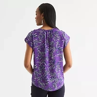 Liz Claiborne Womens Crew Neck Short Sleeve Satin Blouse