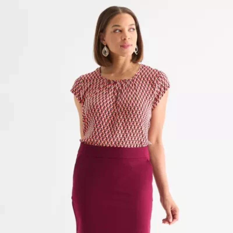 Liz Claiborne Womens Crew Neck Short Sleeve Satin Blouse