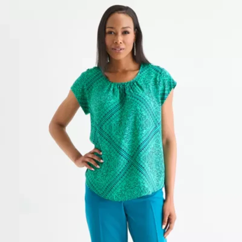 Liz Claiborne Womens Crew Neck Short Sleeve Satin Blouse