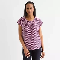 Liz Claiborne Womens Crew Neck Short Sleeve Satin Blouse