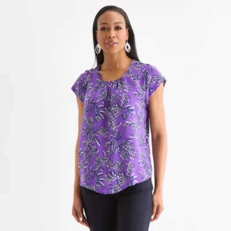 Liz Claiborne Womens Crew Neck Short Sleeve Satin Blouse
