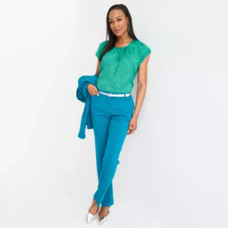 Liz Claiborne Womens Crew Neck Short Sleeve Satin Blouse