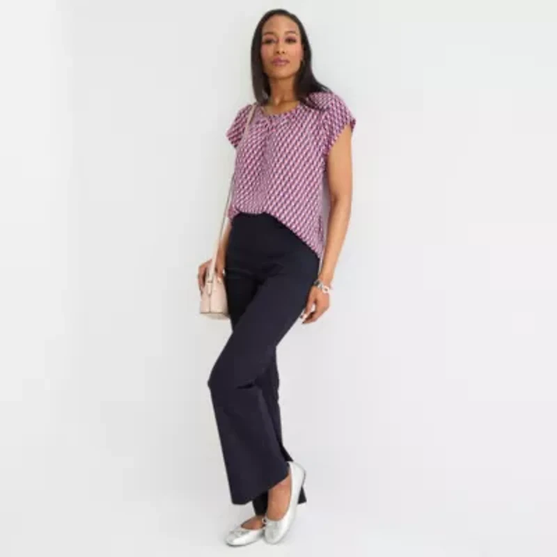 Liz Claiborne Womens Crew Neck Short Sleeve Satin Blouse