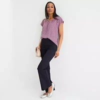 Liz Claiborne Womens Crew Neck Short Sleeve Satin Blouse