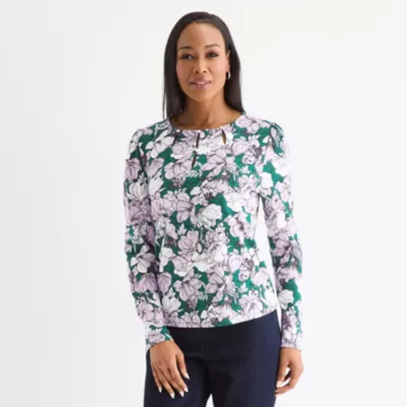 Liz Claiborne Womens Keyhole Neck Long Sleeve Blouse