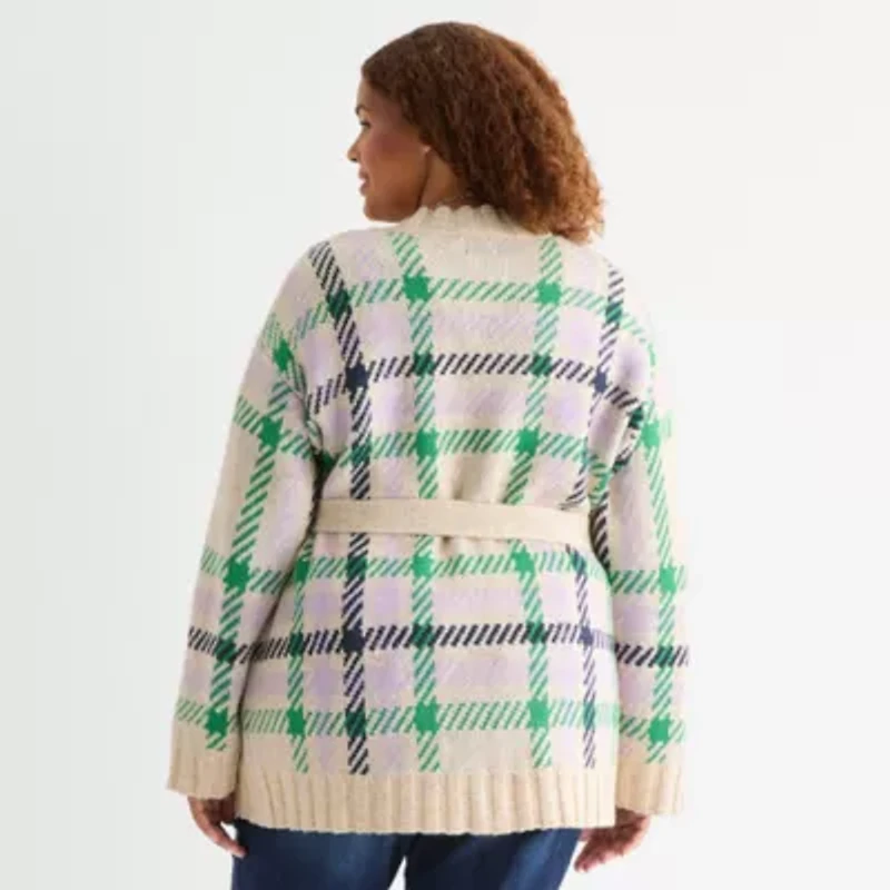 St. John's Bay Womens Long Sleeve Plus Plaid Cardigan