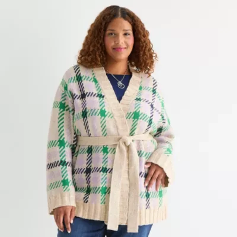 St. John's Bay Womens Long Sleeve Plus Plaid Cardigan