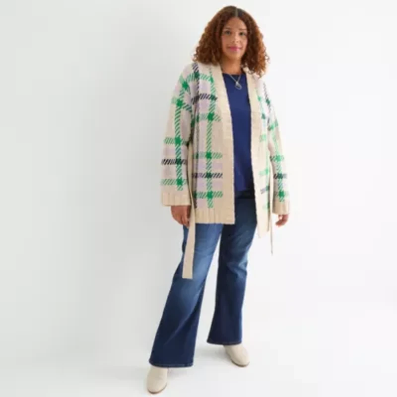 St. John's Bay Womens Long Sleeve Plus Plaid Cardigan