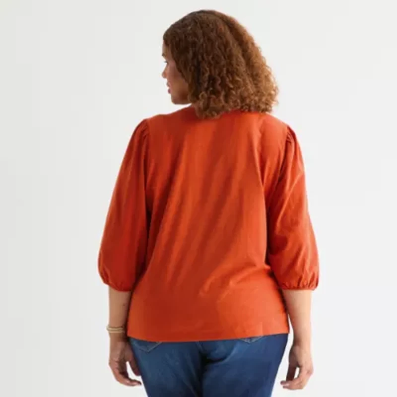 St. John's Bay Womens Square Neck 3/4 Sleeve Plus Blouse