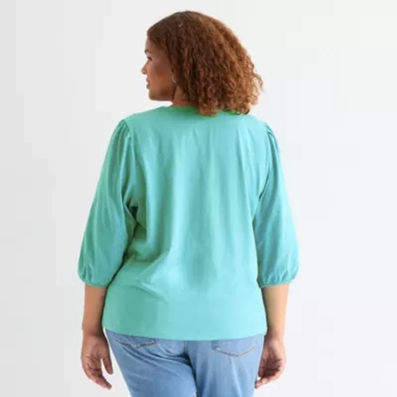 St. John's Bay Womens Plus Square Neck 3/4 Sleeve Blouse