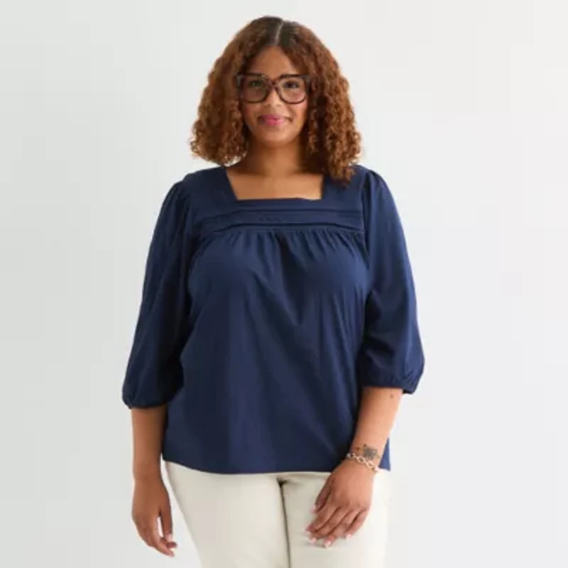 St. John's Bay Womens Square Neck 3/4 Sleeve Plus Blouse