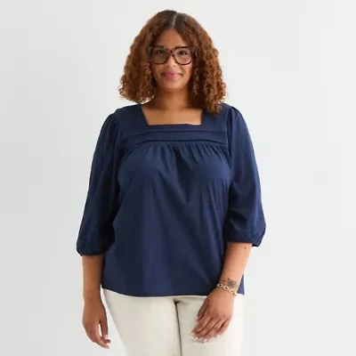 St. John's Bay Womens Square Neck 3/4 Sleeve Plus Blouse